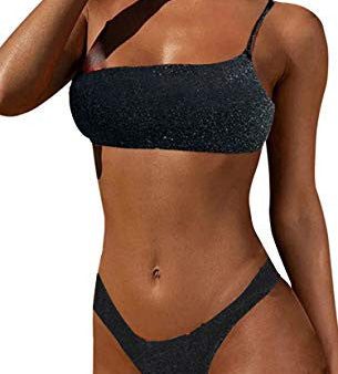 Bikinis para Mujer de Un Hombro Traje de Baño de Cristal Brillante Bañador Top de Tubo, L, Negro For Discount