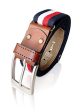 Legado Cinturon hombre y pulsera bandera España, cinturon elastico con cuero marron, piel de Ubrique como nuestras carteras y accesorios. (Marino Rojo Blanco) Reacondicionado on Sale