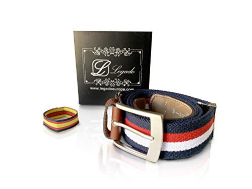 Legado Cinturon hombre y pulsera bandera España, cinturon elastico con cuero marron, piel de Ubrique como nuestras carteras y accesorios. (Marino Rojo Blanco) Reacondicionado on Sale