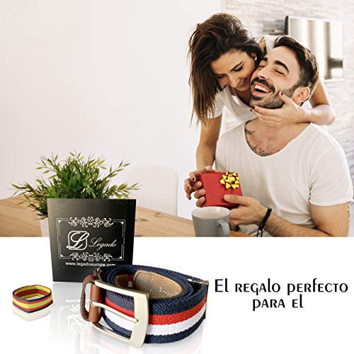 Legado Cinturon hombre y pulsera bandera España, cinturon elastico con cuero marron, piel de Ubrique como nuestras carteras y accesorios. (Marino Rojo Blanco) Reacondicionado on Sale